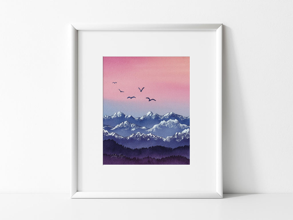 Colorado Rockies Watercolor Art Print | Mountain Flight, Birds