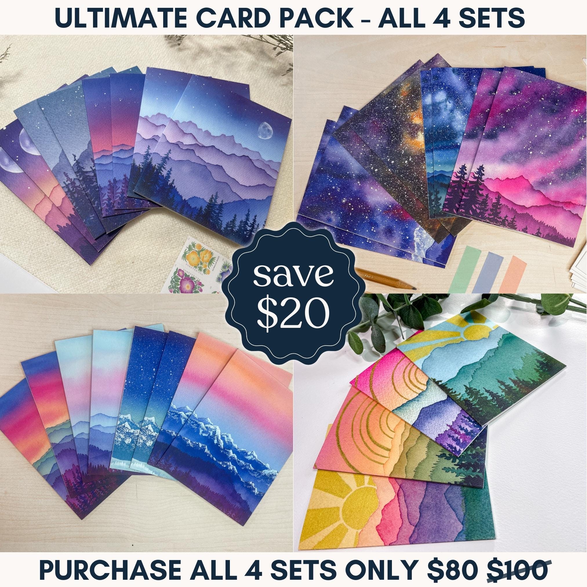 Mountain Landscape Greeting Cards | 32 assorted cards with envelopes | Blank All-Occassion Cards | Colorful Watercolor Art Cards
