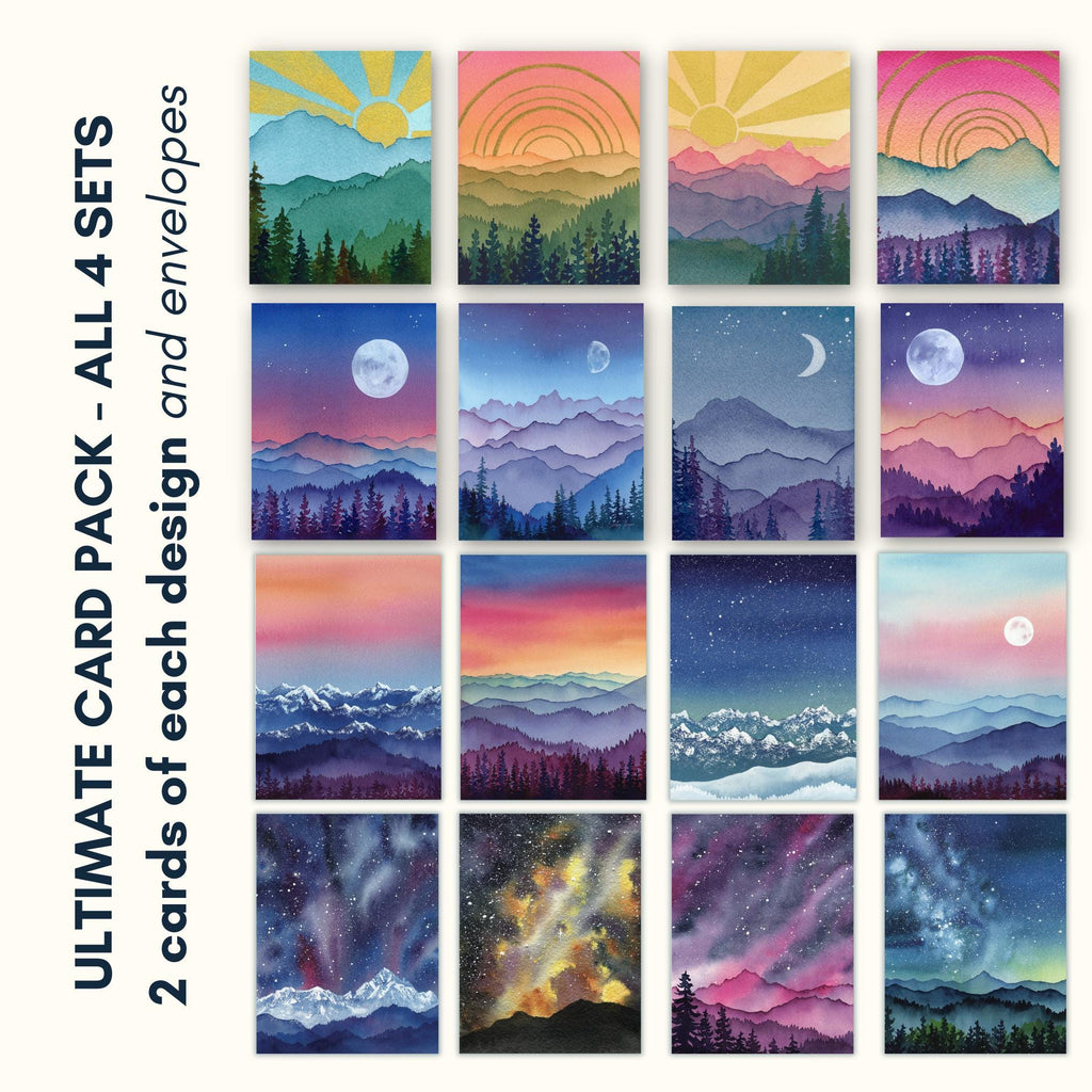 Mountain Landscape Greeting Cards | 32 assorted cards with envelopes | Blank All-Occassion Cards | Colorful Watercolor Art Cards
