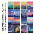 Mountain Landscape Greeting Cards | 32 assorted cards with envelopes | Blank All-Occassion Cards | Colorful Watercolor Art Cards