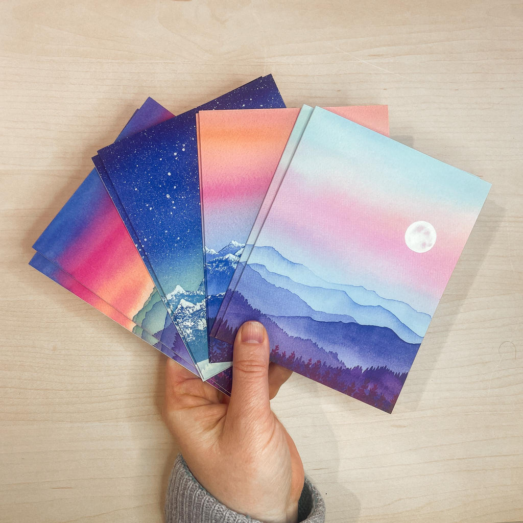 Mountain Landscape Greeting Cards | 32 assorted cards with envelopes | Blank All-Occassion Cards | Colorful Watercolor Art Cards