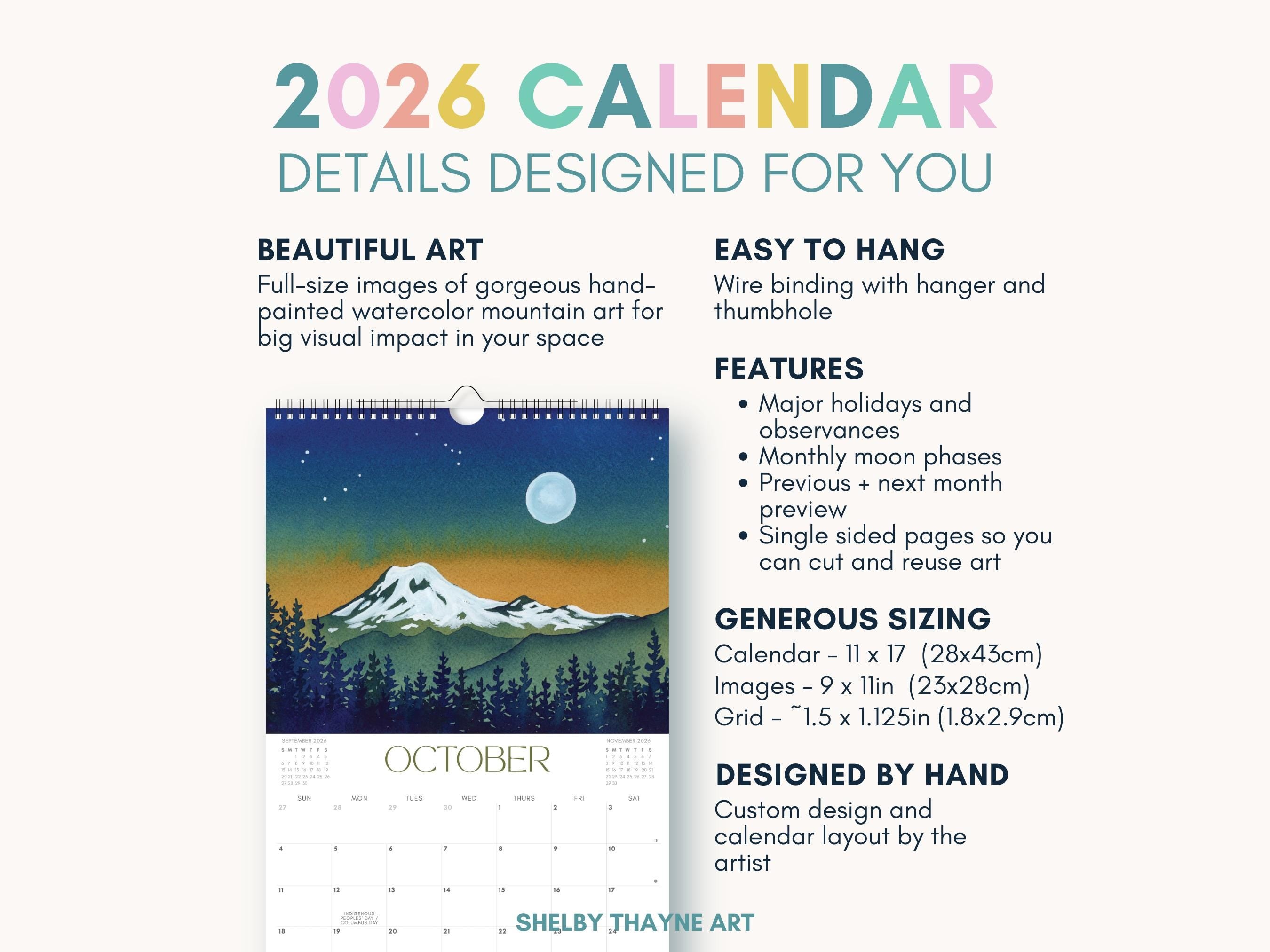 2026 Mountain Art Calendar | Watercolor Landscape Wall Calendar