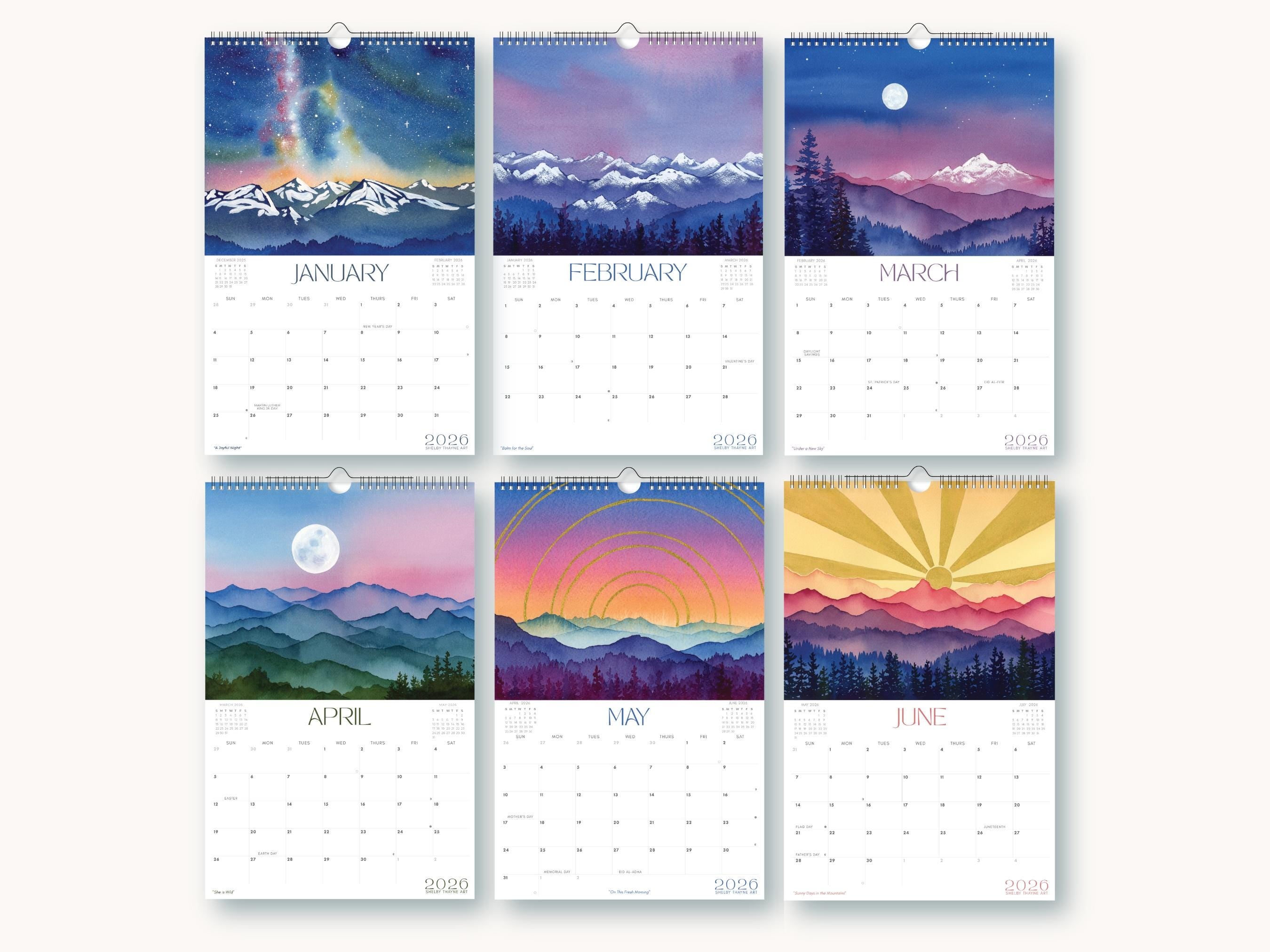 2026 Mountain Art Calendar | Watercolor Landscape Wall Calendar