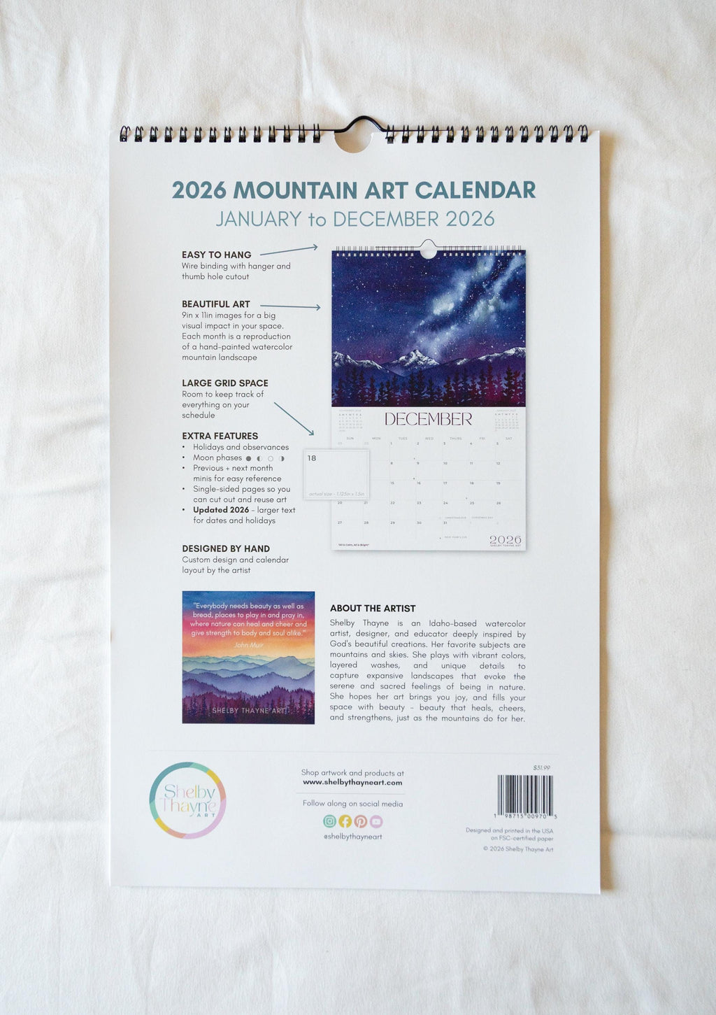 2026 Mountain Art Calendar | Watercolor Landscape Wall Calendar