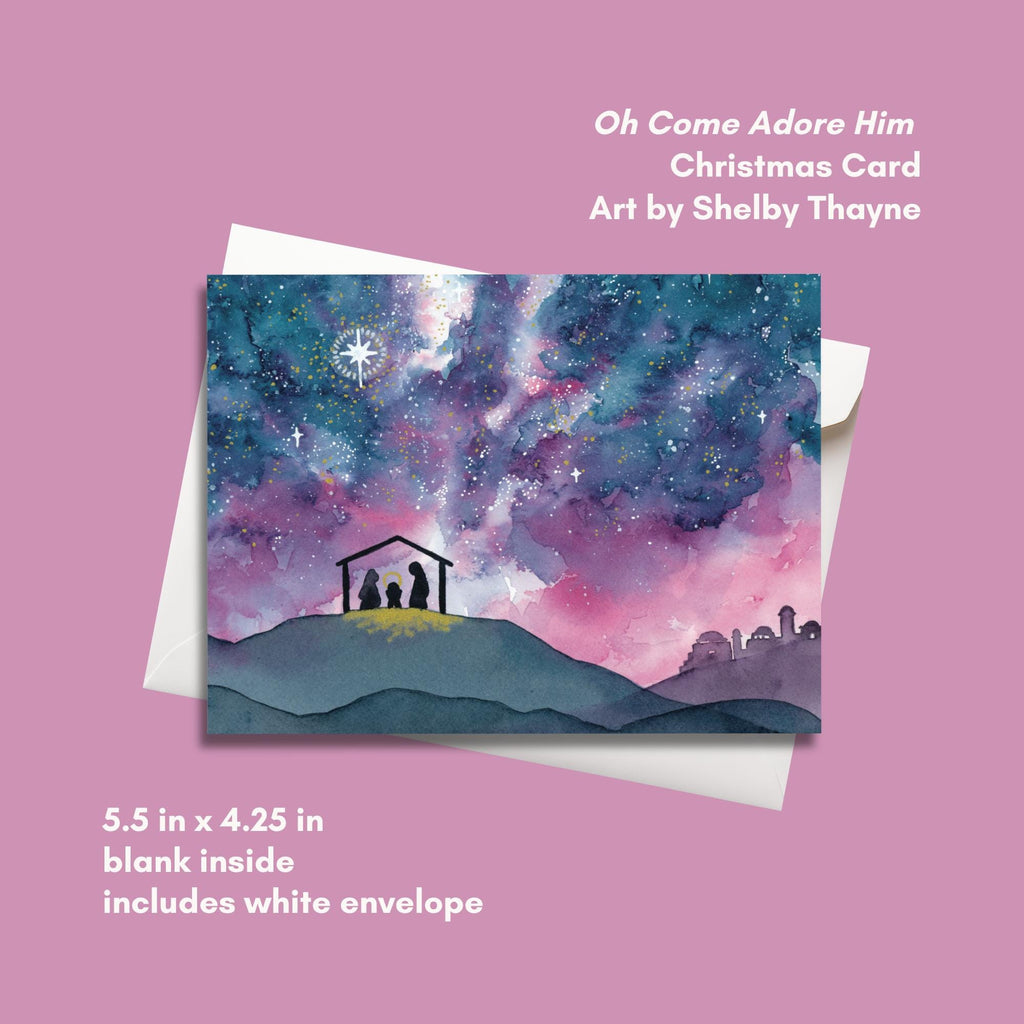 Oh Come Let Us Adore Him - Watercolor Nativity Christmas Card | 5.5in x 4.25in (A2)