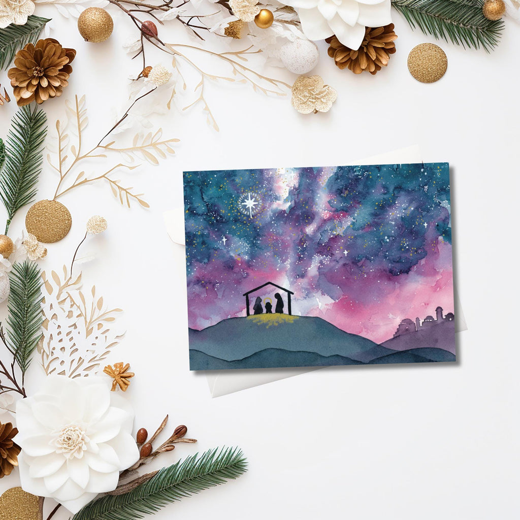 Oh Come Let Us Adore Him - Watercolor Nativity Christmas Card | 5.5in x 4.25in (A2)