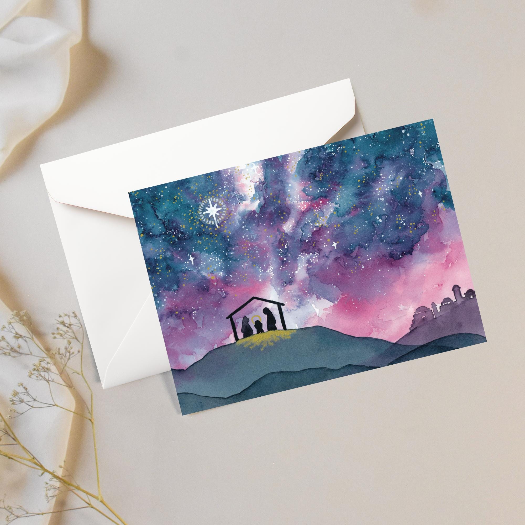 Oh Come Let Us Adore Him - Watercolor Nativity Christmas Card | 5.5in x 4.25in (A2)