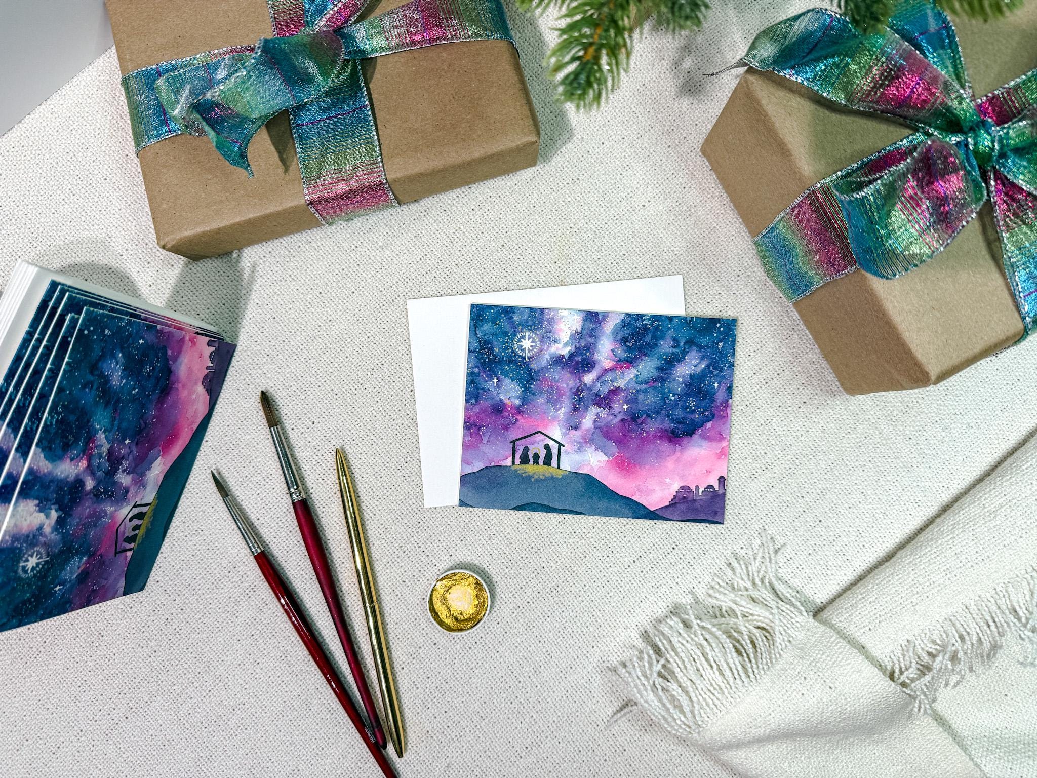 Oh Come Let Us Adore Him - Watercolor Nativity Christmas Card | 5.5in x 4.25in (A2)