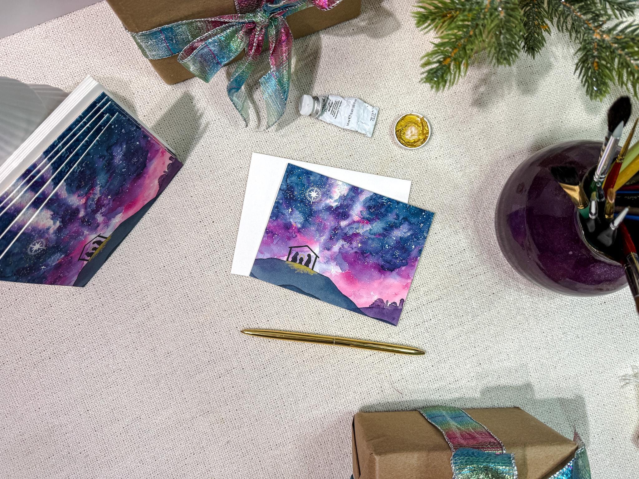 Oh Come Let Us Adore Him - Watercolor Nativity Christmas Card | 5.5in x 4.25in (A2)