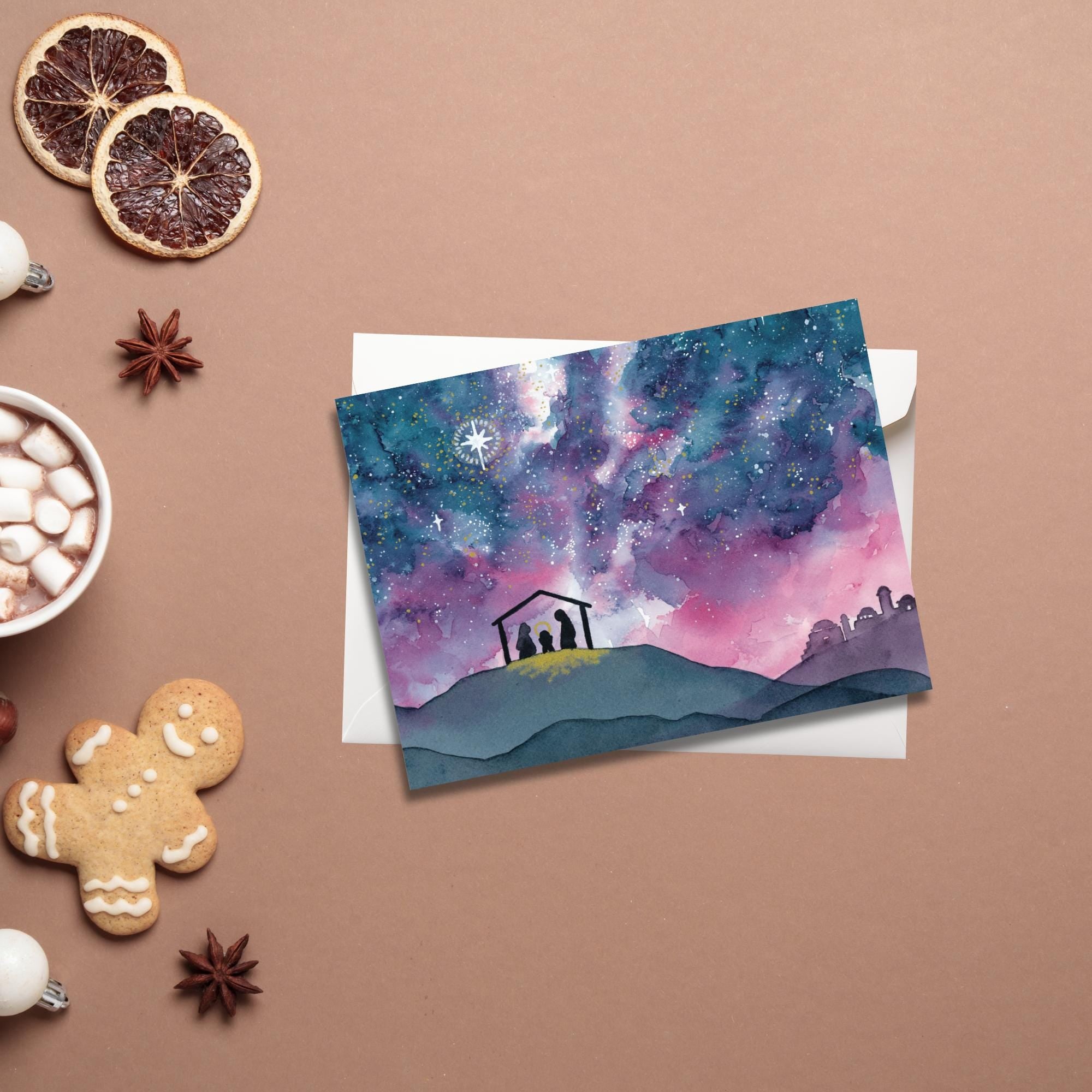 Oh Come Let Us Adore Him - Watercolor Nativity Christmas Card | 5.5in x 4.25in (A2)