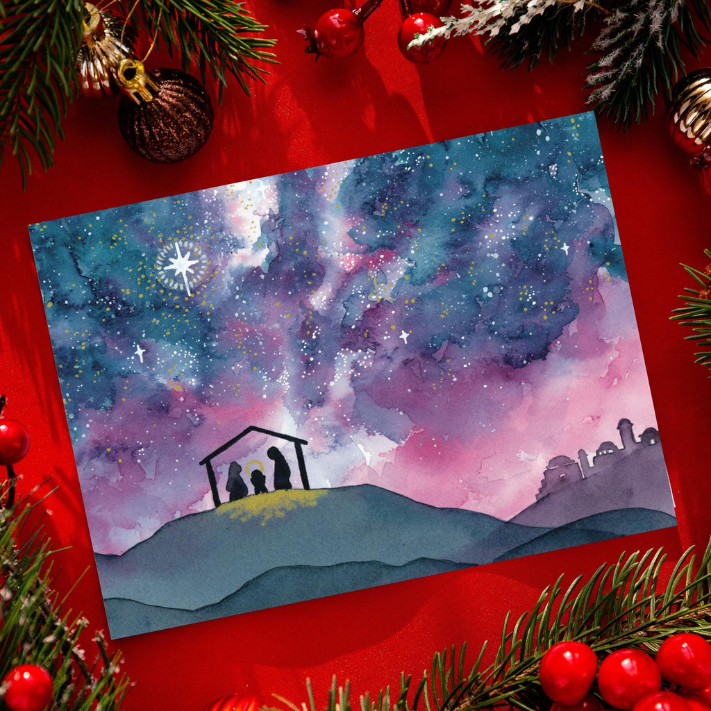 Oh Come Let Us Adore Him - Watercolor Nativity Christmas Card | 5.5in x 4.25in (A2)