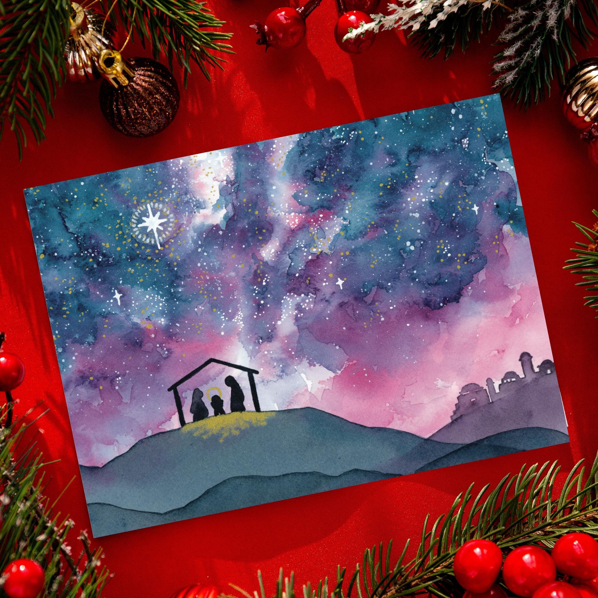 Oh Come Let Us Adore Him - Watercolor Nativity Christmas Card | 5.5in x 4.25in (A2)