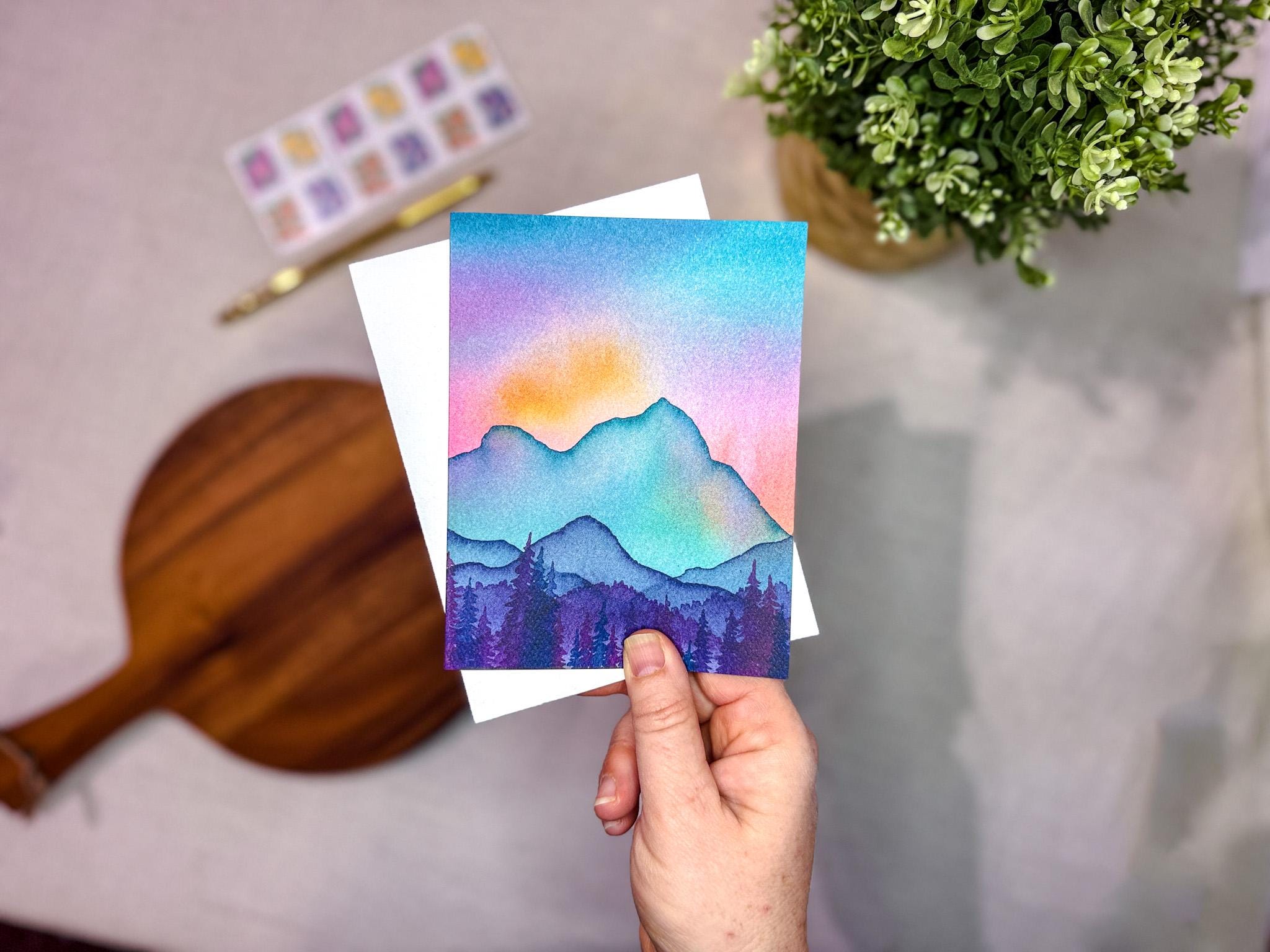 Turquoise Mountain Glow Card | Watercolor Greeting Card | Blank Notecard | A2 Stationery | Mountain Art