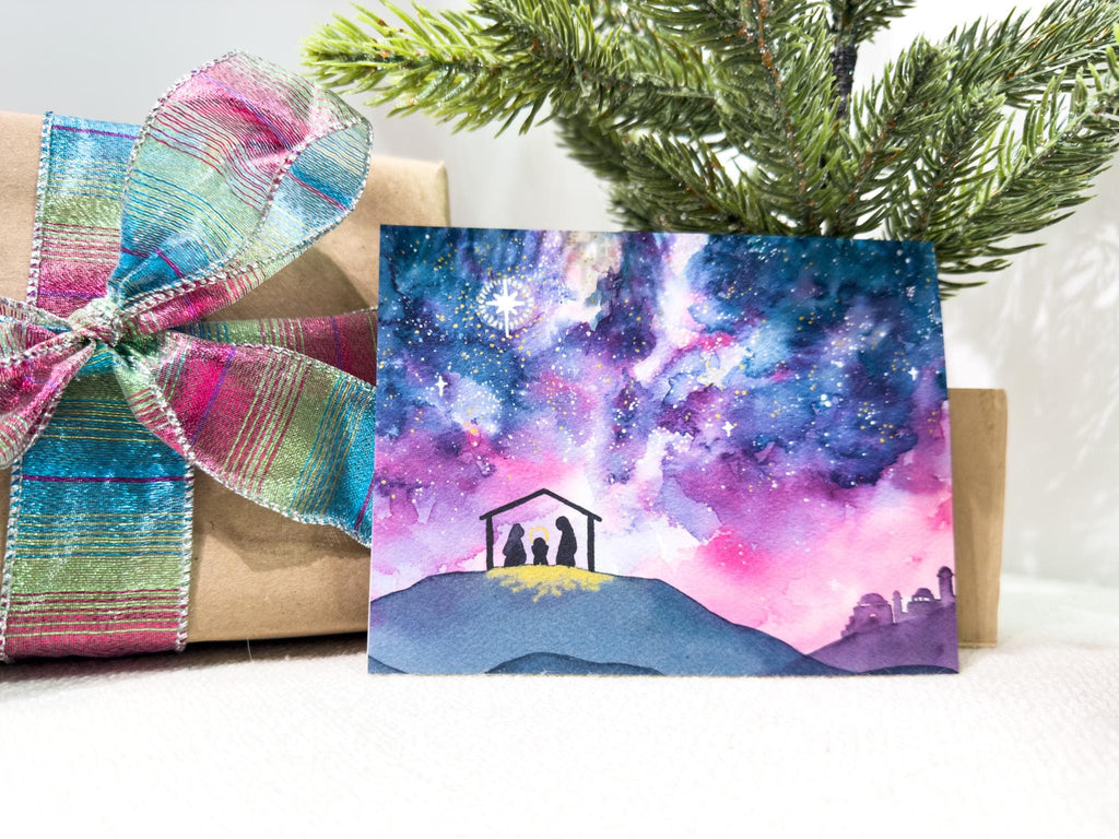 Oh Come Let Us Adore Him - Watercolor Nativity Christmas Card | 5.5in x 4.25in (A2)