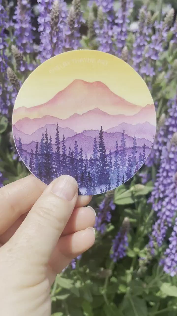 Mt. Rainier Vinyl Sticker, Golden Hour Watercolor Mountain Decal